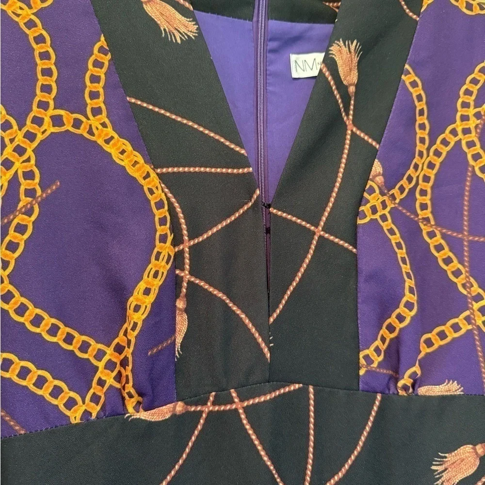 Neiman Marcus Vintage Dress Purple Chain Print V Neck Midi Dress / 2